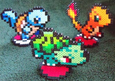 Bulbasaur, Charmander, and Squirtle bead figures